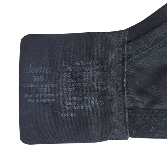 Soma Stunning Support Full Coverage Bra Black 36G Underwire Adj Floral Dot Lace - Picture 9 of 10